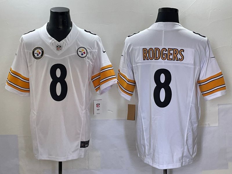 Men 2025 Pittsburgh Steelers 8 Rodgers White Three generations Nike Limited NFL Jersey style 5
